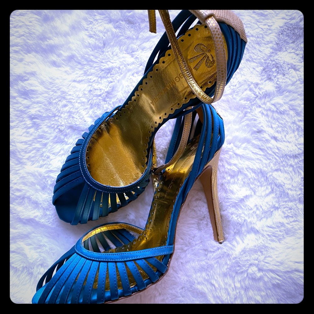 BCBG MaxAzria Teal And Gold Strappy Peep Toe Heels